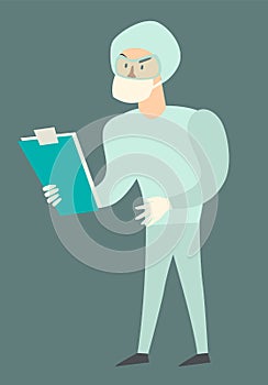 Doctor in protective suit: mouth mask, eyes mask and dressing gown vector illustration