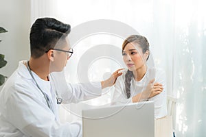 Doctor or psychiatrist consulting and diagnostic examining stressful woman patient on obstetric - gynecological female illness, or photo