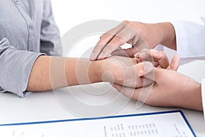 Doctor pulse measurement checking patient with examining, presenting results symptom and recommend treatment method, Healthcare