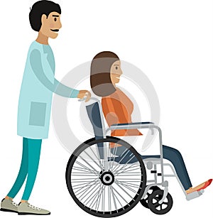 Doctor pushing patient in wheelchair vector icon isolated on white