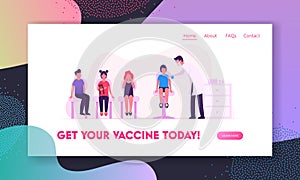 Doctor Put Vaccine Injection with Syringe to Kids Website Landing Page. Children Get Vaccination from Flu