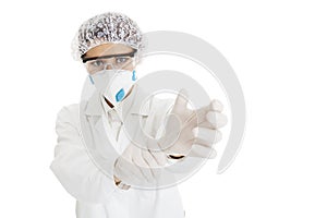 Doctor putting on white sterilized surgical glove