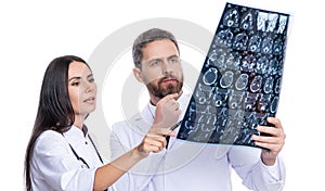 Doctor and Radiologist Discuss Diagnosis with mri scan. doctor give quality healthcare. healthcare and medicine