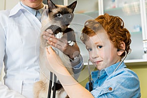 Doctor with red haired boy ausculting cat with stethoscope