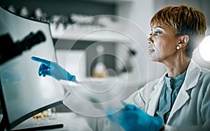 Doctor, research or black woman on computer for analytics in science lab for DNA research, medical or medicine data