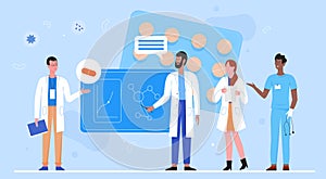 Doctor researcher team vector illustration, cartoon flat scientist doctor characters work at researching training center