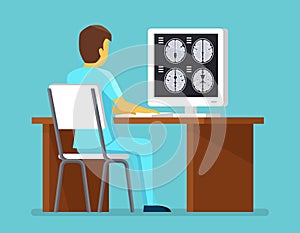 Doctor researches results of MRI scan. Health and care vector concept