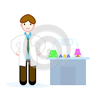 The doctor`s character is next to the table with medicines and scientific examinations