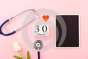 Doctor`s Day concept, flat lay top view, equipment medical red heart stethoscope