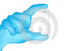The doctor`s hand in blue gloves holds an ATK test positive for COVID-19 isolated on a white background. Vector illustration