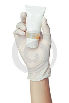 Doctor's hand in blue sterilized surgical glove