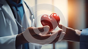 a doctor\'s hand extending the red heart shape towards a patient, representing the importance of organ donation, AI-Generated