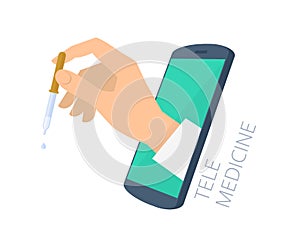 Doctor`s hand holding pipette through the phone screen drips vac