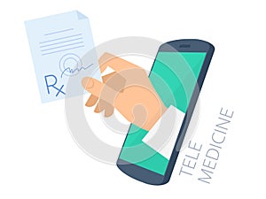 Doctor`s hand holding rx through the phone screen giving prescri