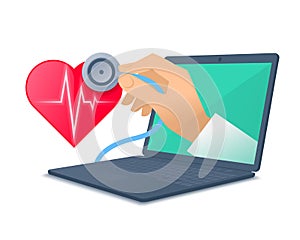 Doctor`s hand holding stethoscope through the laptop screen chec