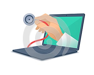 Doctor`s hand holding stethoscope through the laptop screen chec