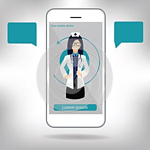 Doctor`s hand holding a stethoscope through the phone screen checking pulse. Tele, online, remote medicine flat concept illustrat