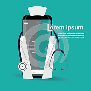 Doctor`s hand holding a stethoscope through the phone screen checking pulse. Tele, online, remote medicine flat concept illustrat