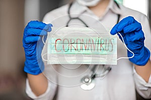 doctor`s hand with medical mask labeled coronovirus to protect against infection