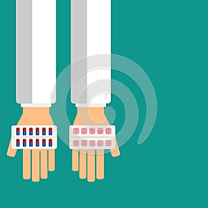 Doctor`s hands holding pills in blister for his patient. Healthcare concept. Vector illustration