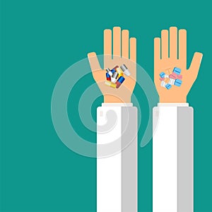 Doctor`s hands holding pills for his patient. Healthcare concept. Vector illustration