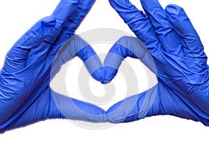 Doctor`s hands making heart shape with blue protection latex gloves isolated on white, covid-19 protection for