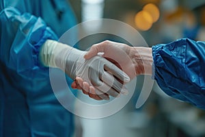 A doctor\'s handshake with gloves on