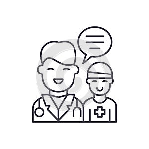 Doctor`s help to the patient line icon concept. Doctor`s help to the patient vector linear illustration, symbol, sign