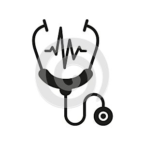 Doctor's Instrument Pulse Examination Glyph Pictogram. Medical Tool for Heart Illness Diagnosis Icon. Stethoscope
