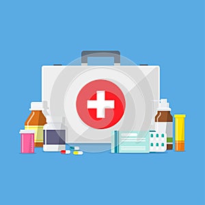Doctor`s or medical bag with tablets, pills, drugs and medical b