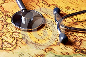 Doctor`s medical stethoscope over China, Wuhan  healthcheck