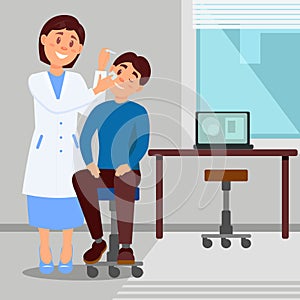 Doctor s office in clinic smiling woman treats eye of young man using eye-drops. Cartoon character of medical worker and