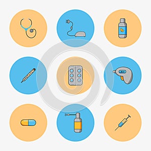 Doctor`s set of simple icons for treating diseases such as flu and chill.