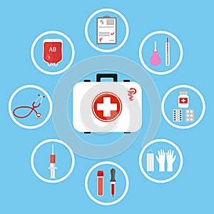 Doctor`s tools. Medical surgical equipment: stethoscope, syringe, blood pressure meter, first aid suitcase, pills and tablets.