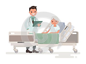 Doctor`s visit to the ward of patient elderly woman lying in a