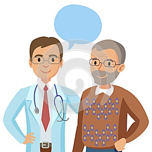 Doctor and senior patient. Man talking to physician. Vector