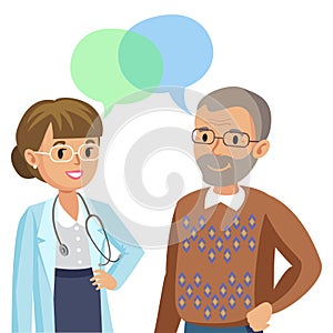 Doctor and senior patient. Man talking to physician. Vector