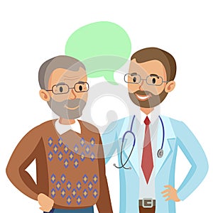 Doctor and senior patient. Man talking to physician. Vector