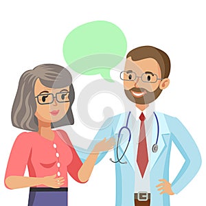 Doctor and senior patient. Woman talking to physician. Vector