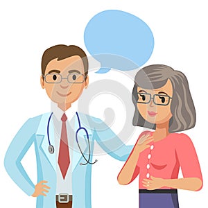 Doctor and senior patient. Woman talking to physician. Vector