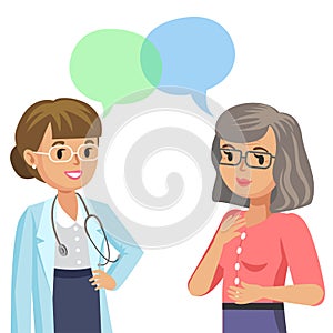 Doctor and senior patient. Woman talking to physician. Vector photo
