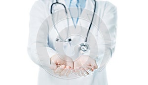 Doctor show empty palm hand gesture for holding, giving, receive and protection