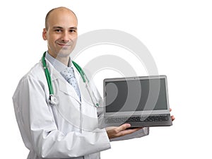 Doctor showing blank laptop screen