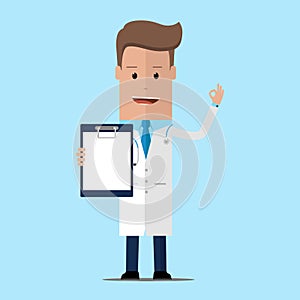 Doctor showing a clipboard and showing OK gesture. Happy doctor in a medical gown holding a clipboard. Vector illustration