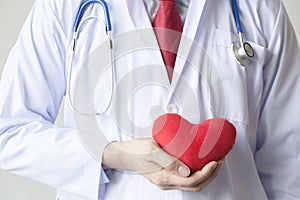 Doctor showing compassion and support holding red heart onto his