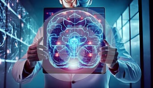 Doctor showing a digital screen with the projection of a hologram of the human brain. Generated by ai