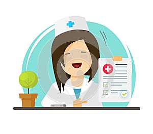 Doctor showing good diagnosis results, flat cartoon happy woman medic or physician with paper document form, approved