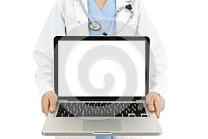 Doctor showing laptop with copy space
