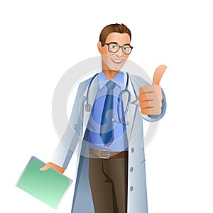 Doctor showing okay gesture isolated on white background. Vector