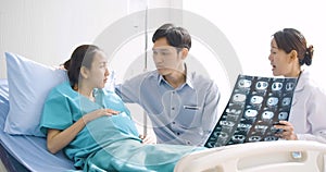 Doctor showing X-ray scan results to pregnant woman and her husband with serious emotion.